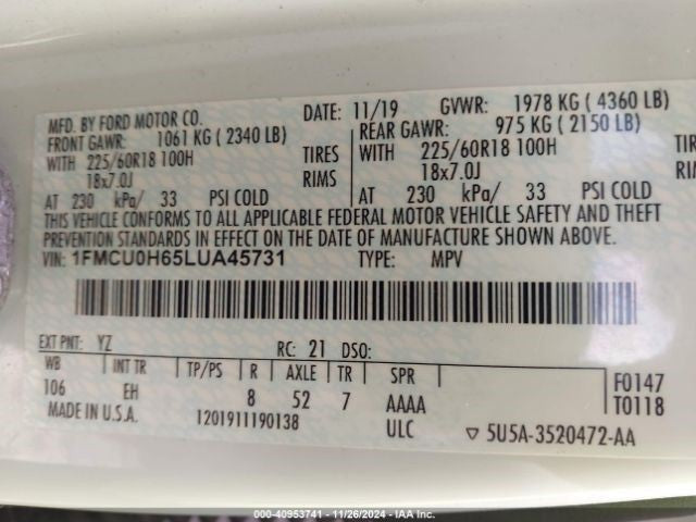 Driver Sun Visor With Illumination Fits 20 ESCAPE 1096409