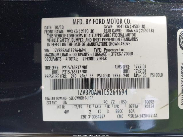 Passenger Right Fender Base V6 Fits 10-14 MUSTANG 1130185